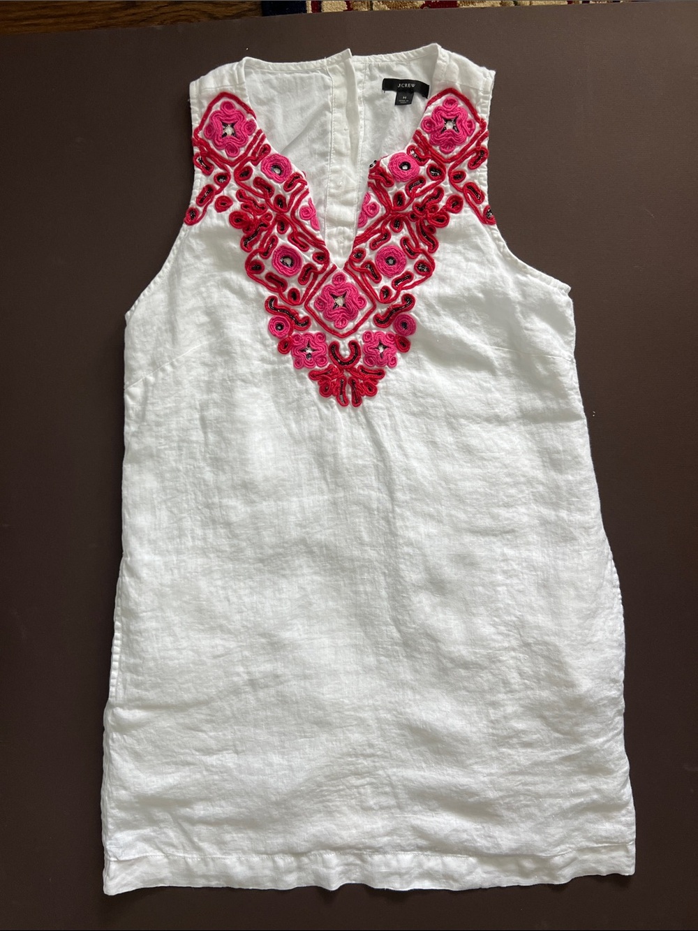 J. Crew White Linen Mini Dress with Red  Pink Embroidered V-Neck .